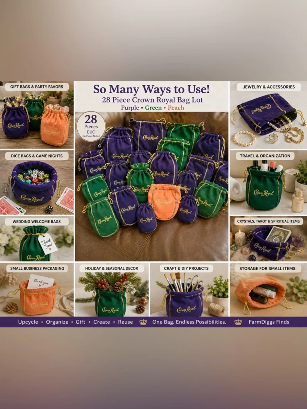Lot of 28 Crown Royal Drawstring Dust Bag Upcycle Craft Gift Bags Multi Use